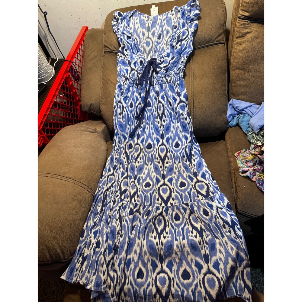 Loft Beach Blue White Ikat Print Maxi Dress Sleeveless V-Neck Tiered Summer S